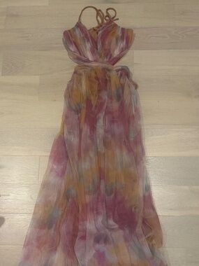 Earthy toned tulle maxi cut out dress